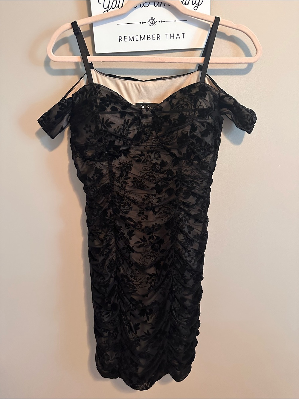 BCX Black Floral One-Shoulder Ruched Cocktail Dress